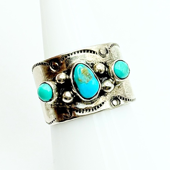 Vintage Turquoise Sterling Silver Wide Band Ring - Southwestern Stamp Cigar Band - Picture 1 of 11